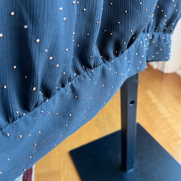 ELLE Blouse Dot Details Sheer Sleeves Scoop Neckline Tie Hem Black & Bronze L - Picture 6 of 14